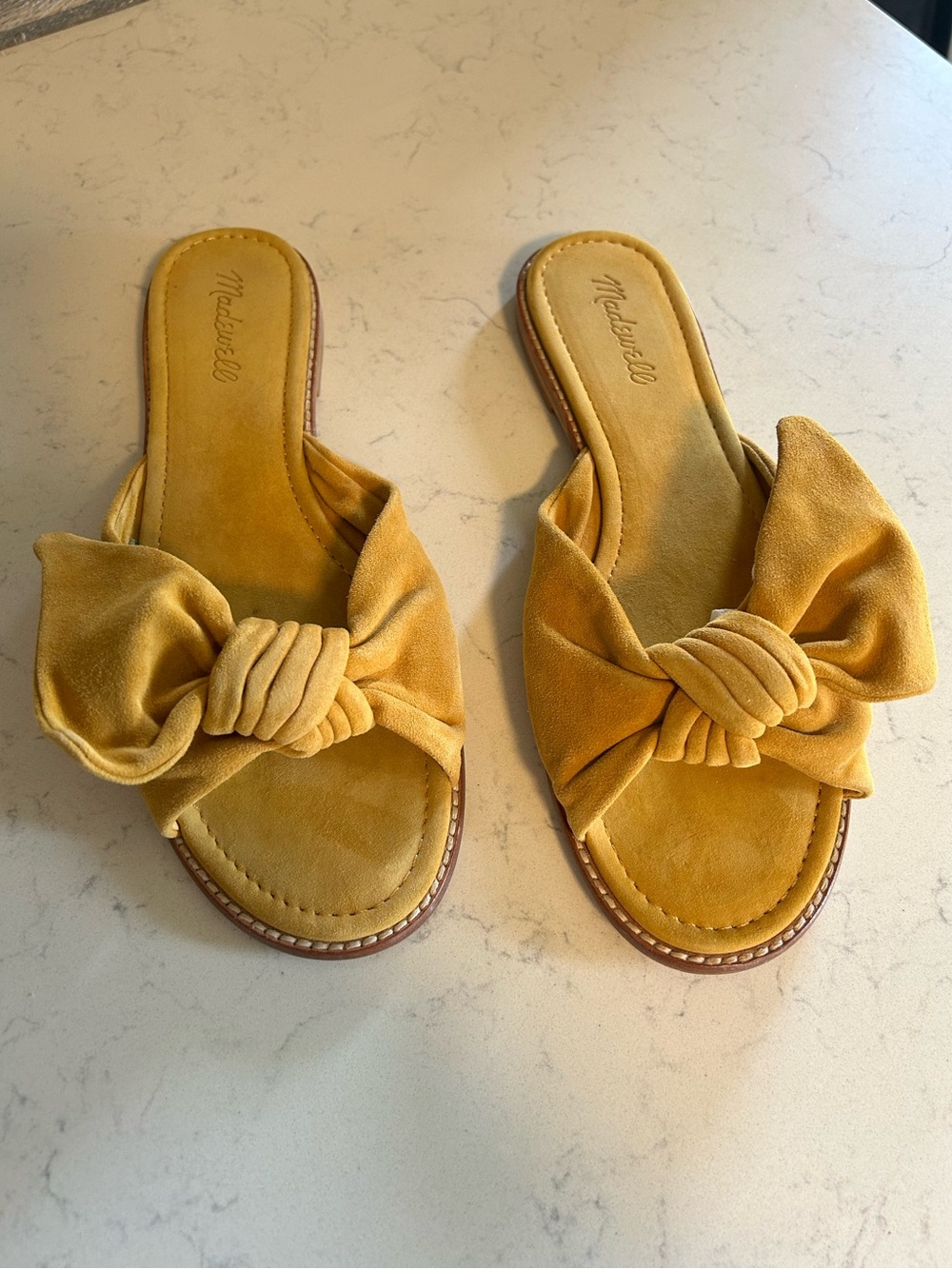 Madewell Suede Half Bow Tan Mustard Slip On Slide Sandals - Picture 3 of 16